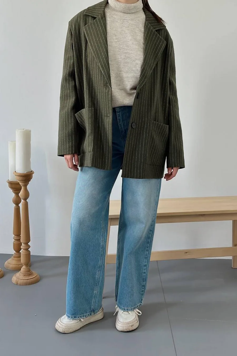 Haki Çizgili Oversize Ceket