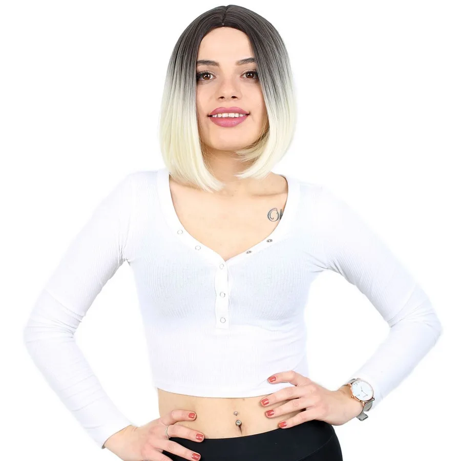Kahkülsüz Düz Kısa Fiber Sen Peruk / Küllü Siyah / Platin Ombreli