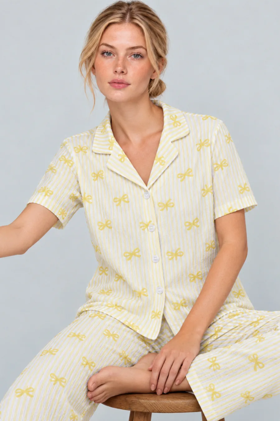 Kadın Gömlek Yaka Desenli İkili Sarı Pijama Takımı 4795