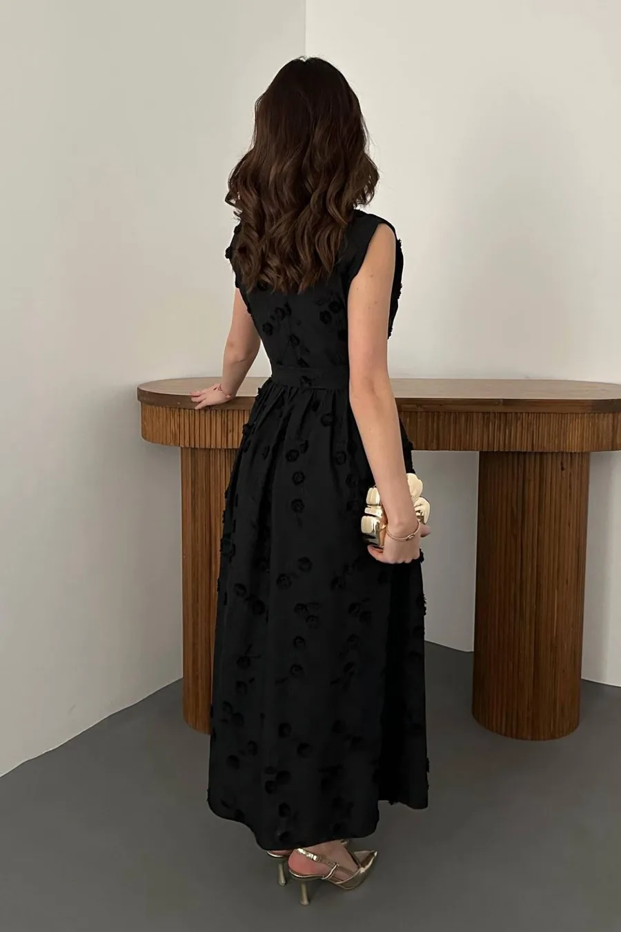 Siyah 3D Brode Detaylı Elbise - Siyah