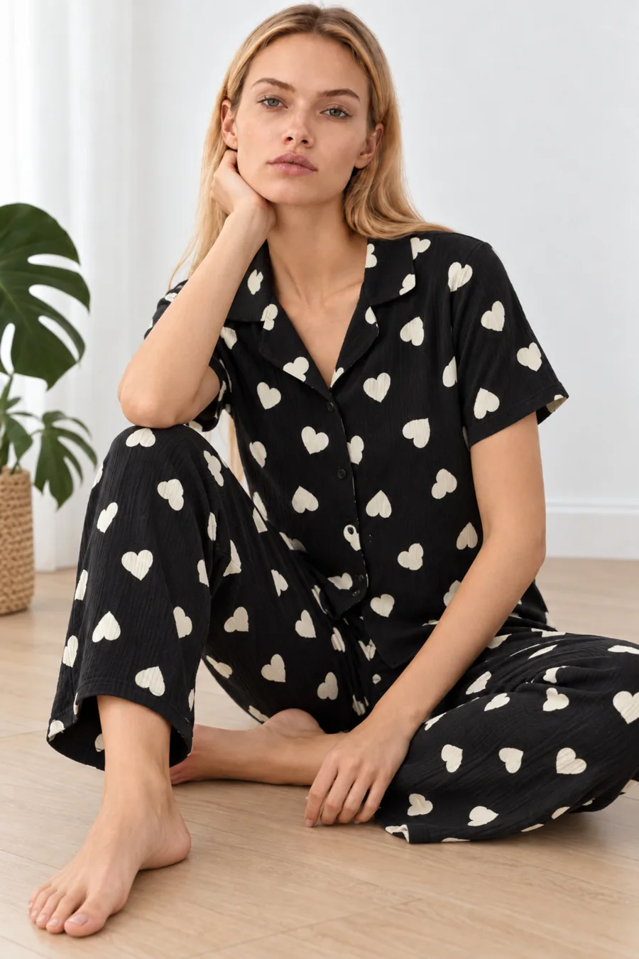Kadın Kalpli Kısa Kollu Siyah Pijama Takımı 4825