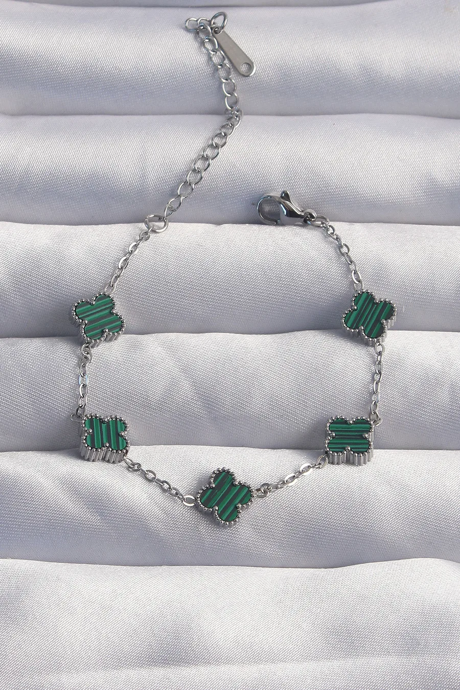 316L Steel Baby Boy Silver Tone Striped Green Enameled Clover Bracelet