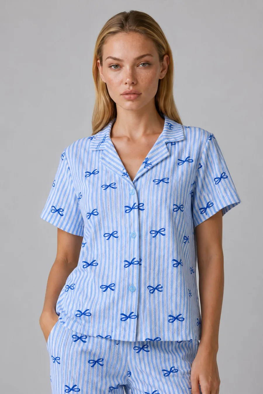 Mavi Kurdele Desenli Çizgili Bürümcük Pijama Takımı 4645-Mavi