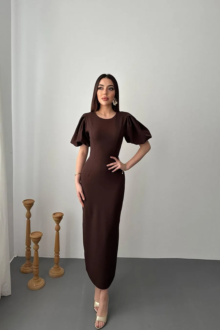 Kahverengi Kolları Balon Elbise - Kahverengi