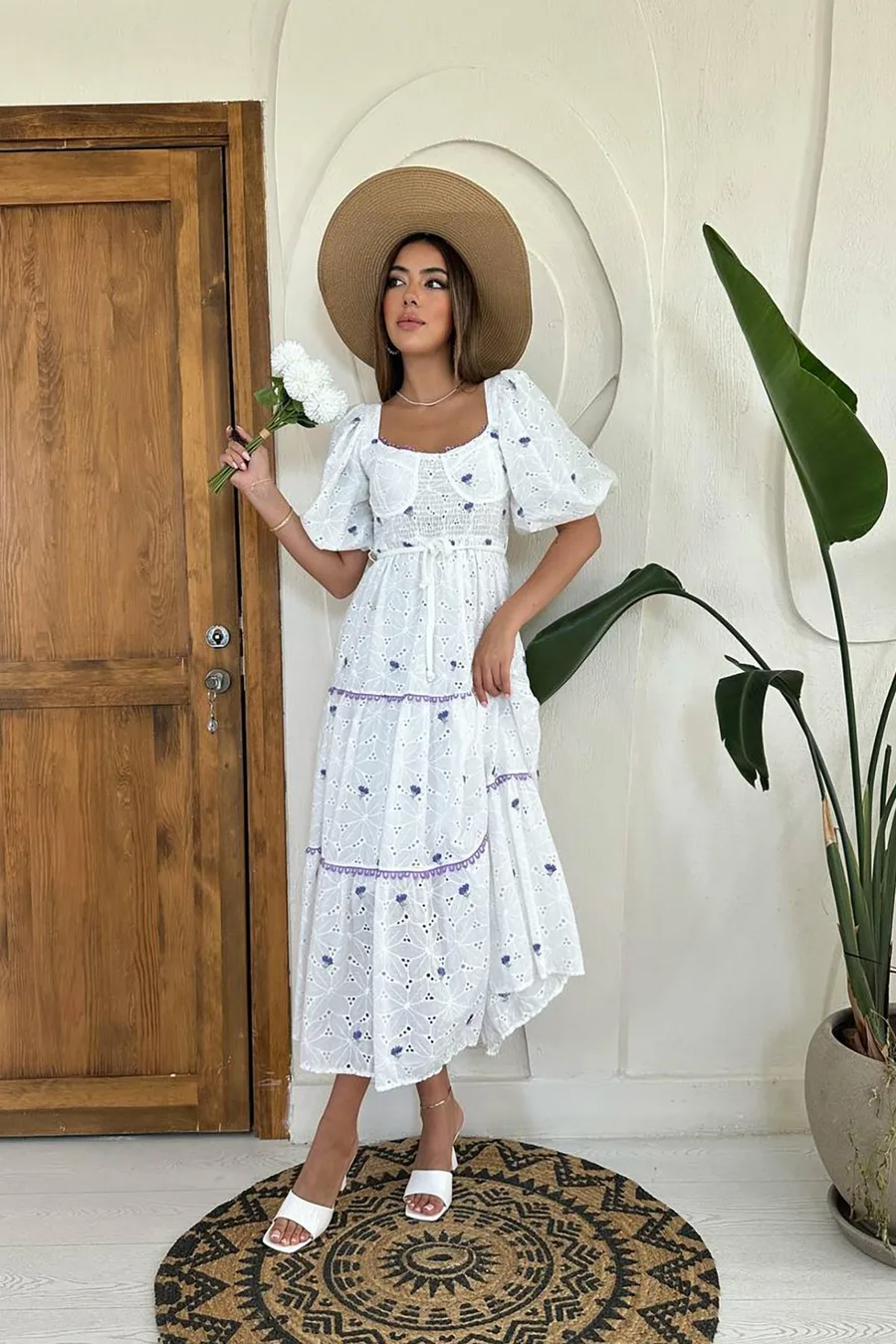 Lila Dantel Detaylı Brode Elbise