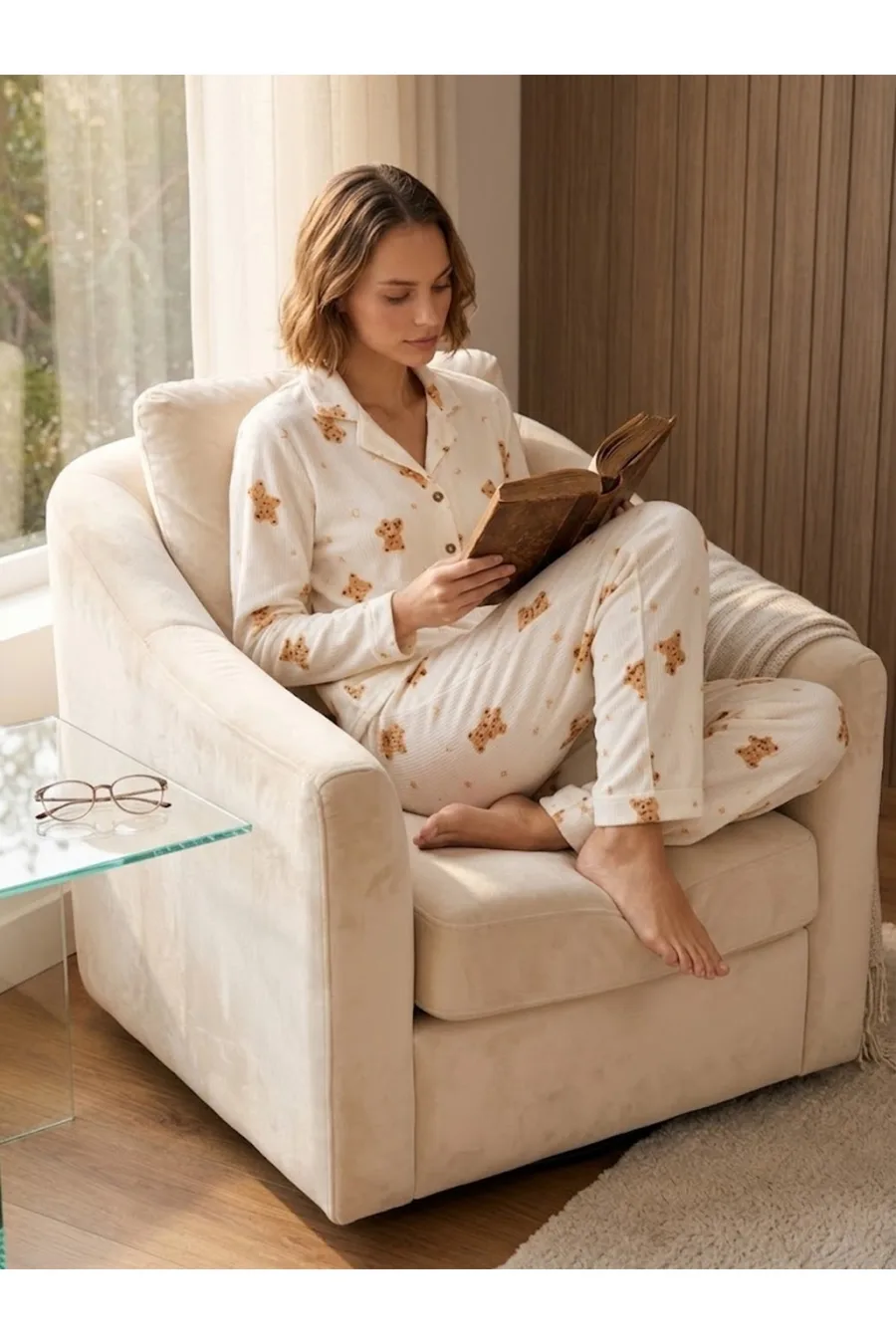 Kadın Gömlek Yakalı Uzun Kollu Beyaz Pijama Seti