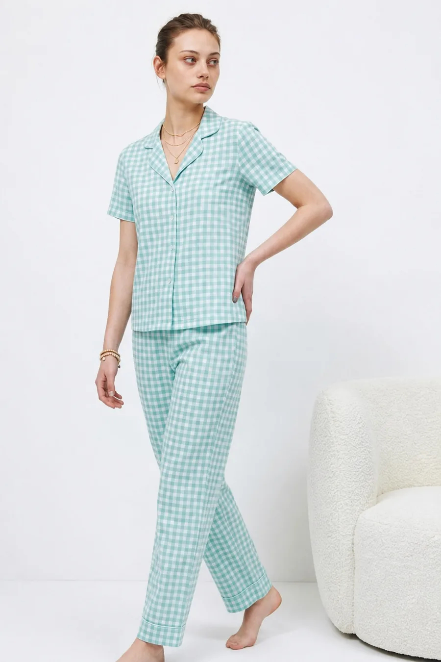 V Yaka Kapama Lastik Bel Su Yeşili Pijama Takımı
