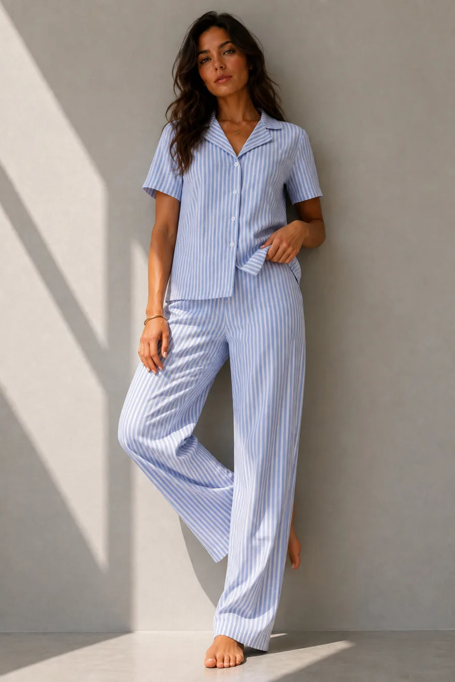 Kadın Klasik Doğal Düğme Gece Mavi Pijama Takımı